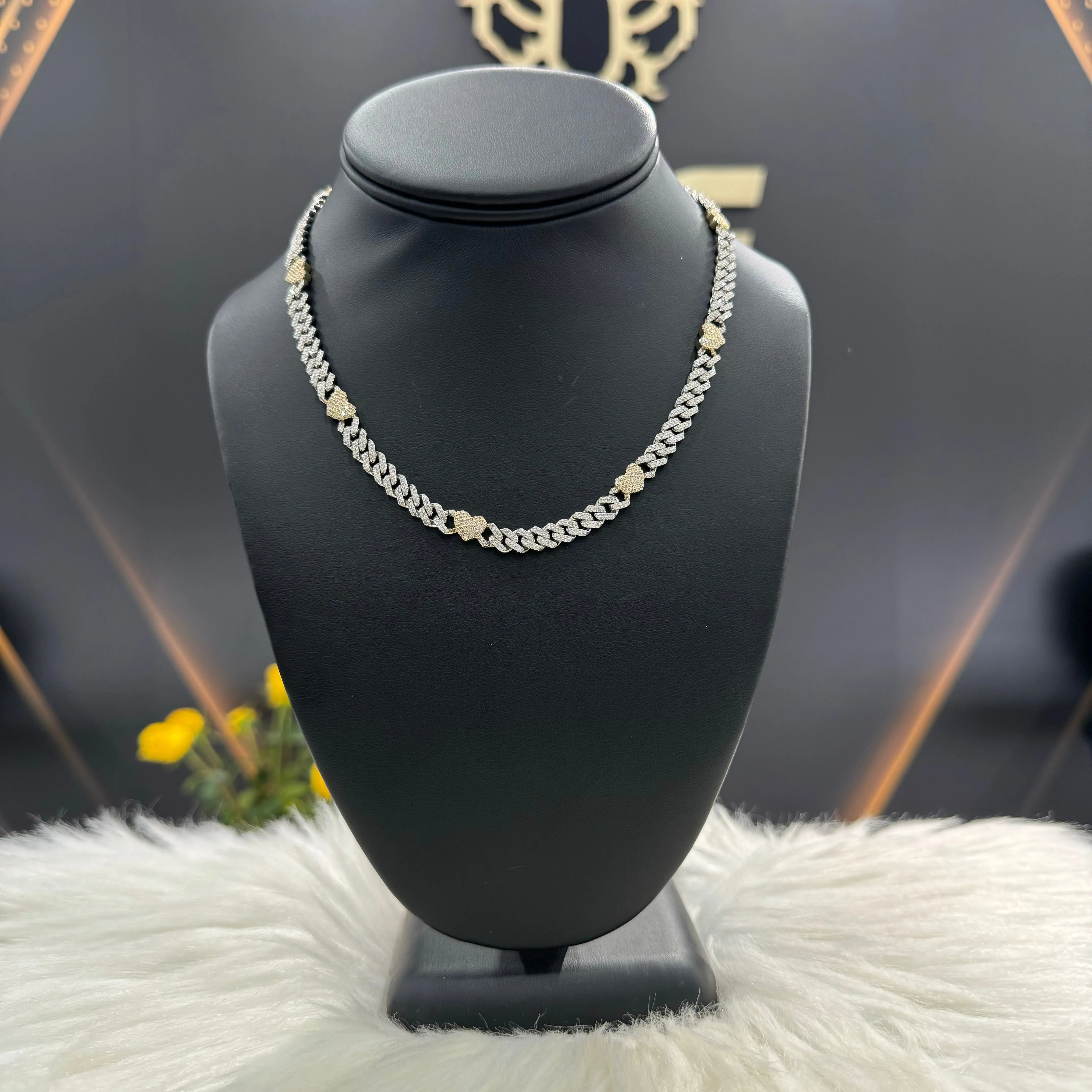 10K White-Yellow Gold Bustdown Heart Chain 3.77Ct Dia / 34.1gr / 6.2mm / 16in