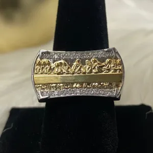 10K White-Yellow Gold Diamond Last Supper Ring 0.29Ct Dia / 9gr / Size 9 / 10
