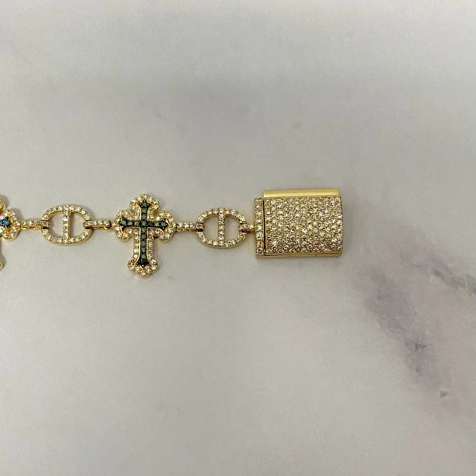 10K Yellow Gold Diamond Crosses Multicolor Chain 7.44Ct Lab Dia / 37.6gr / 7mm / 20.5in