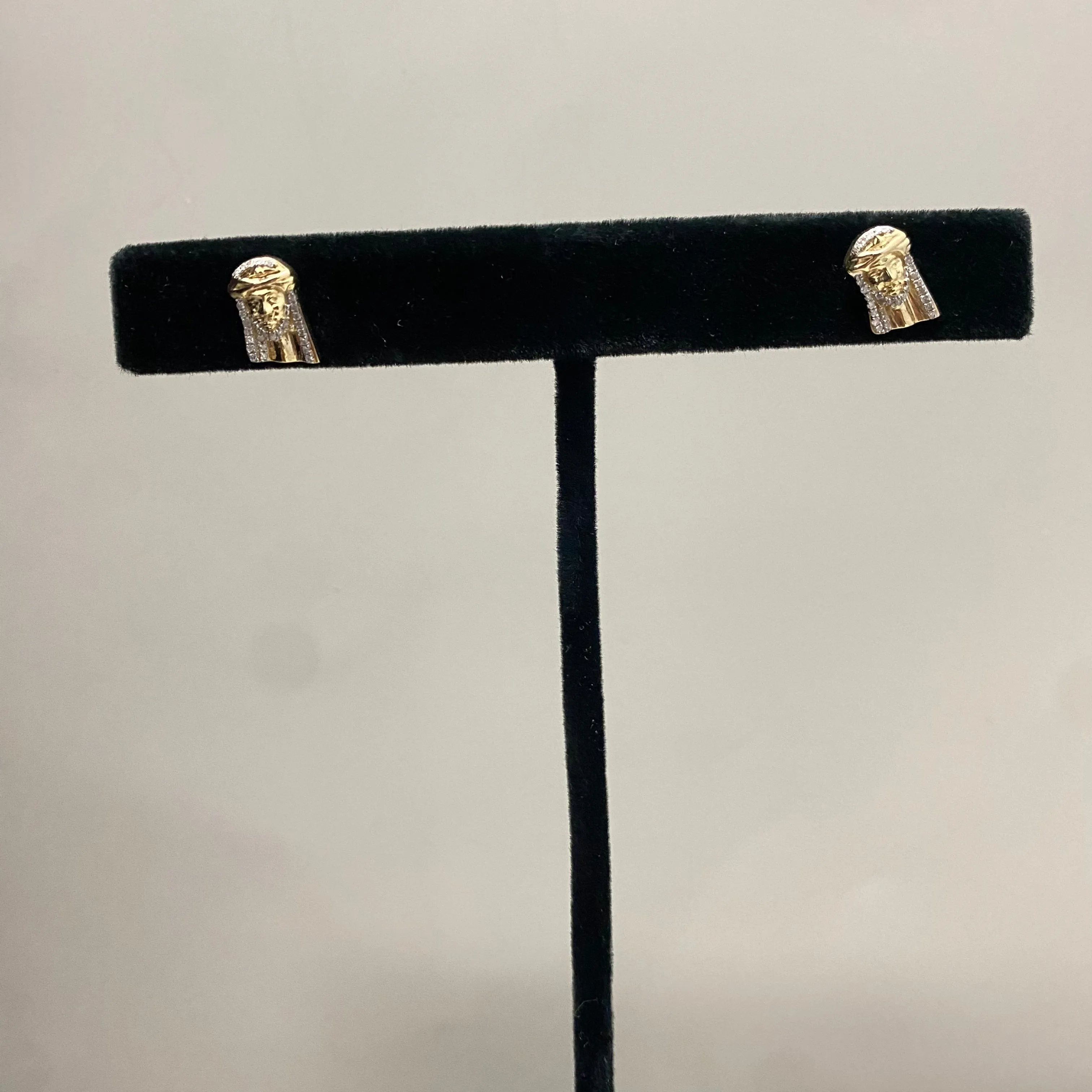 10K Yellow Gold Diamond Jesus Face  Stud Earrings 0.11Ct Dia / 2gr
