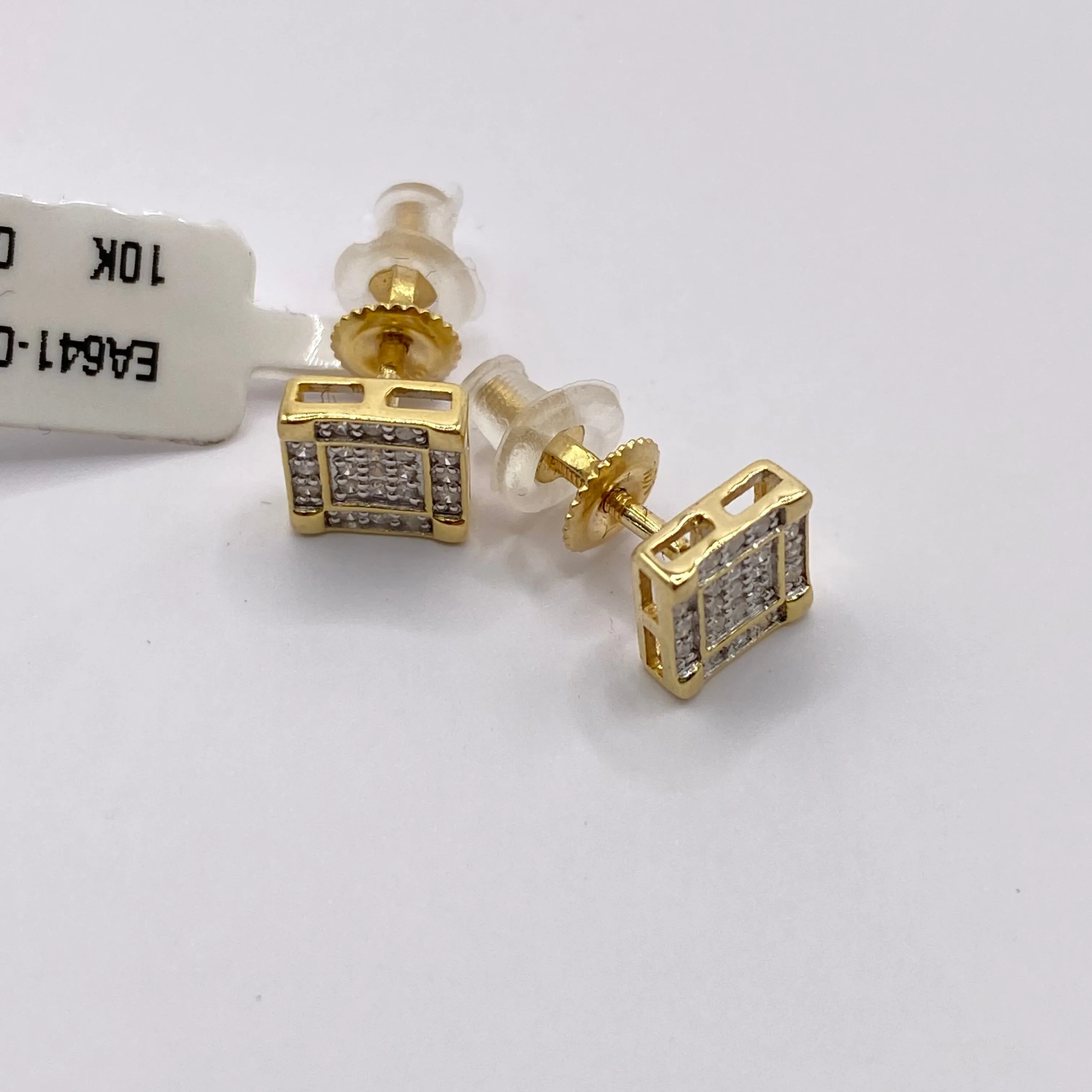 10K Yellow Gold Diamond Square Stud Earrings 0.12Ct / 1.1gr