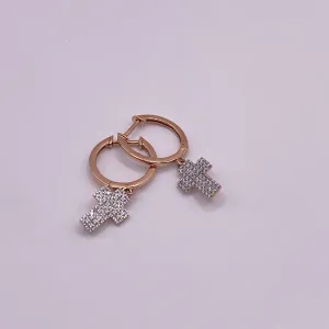 14K Rose Gold Diamond Cross Fashion Hoop Earrings 0.31Ct / 1.7gr