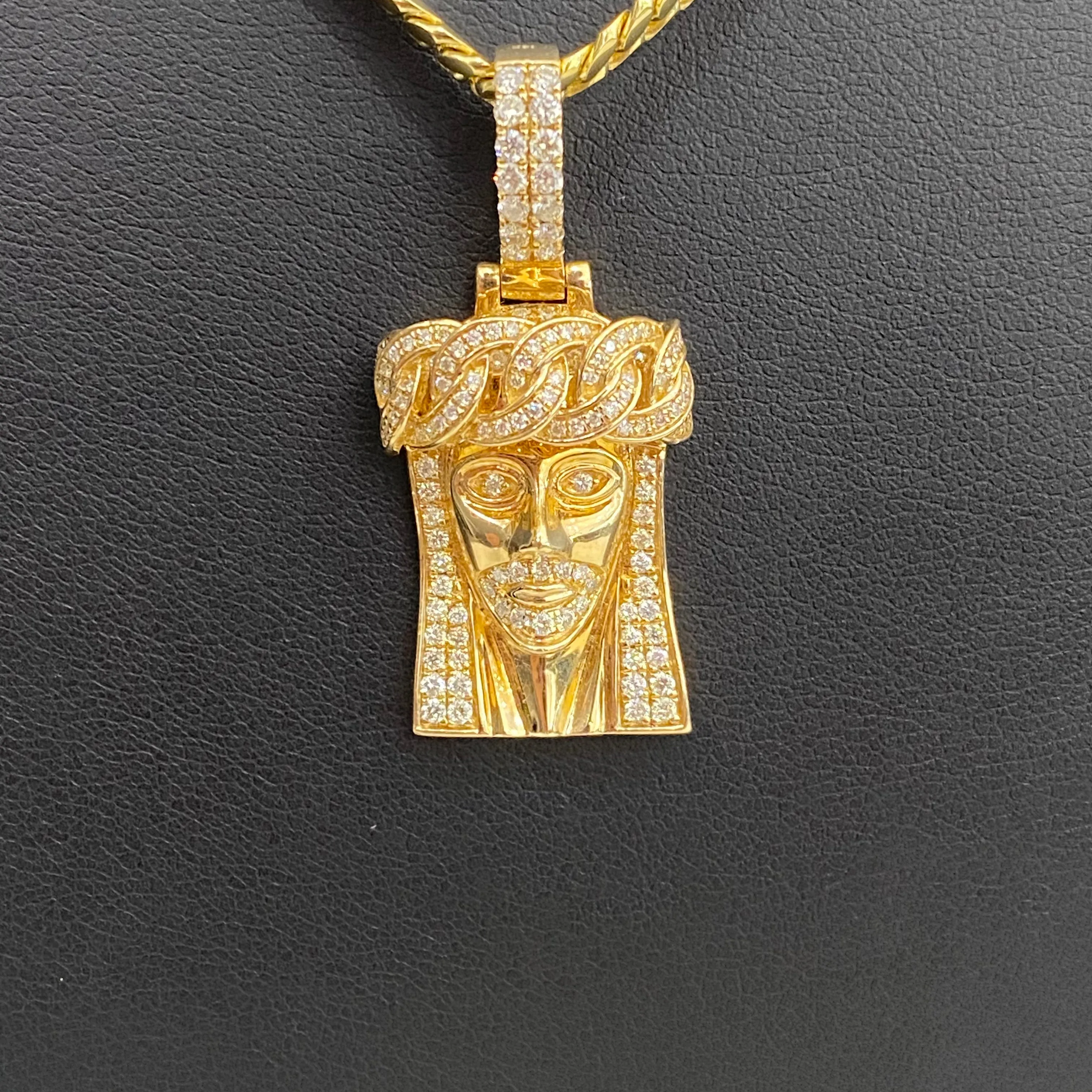 14K Yellow Gold Diamond Jesus Face Pendant 1Ct Dia / 8.2gr