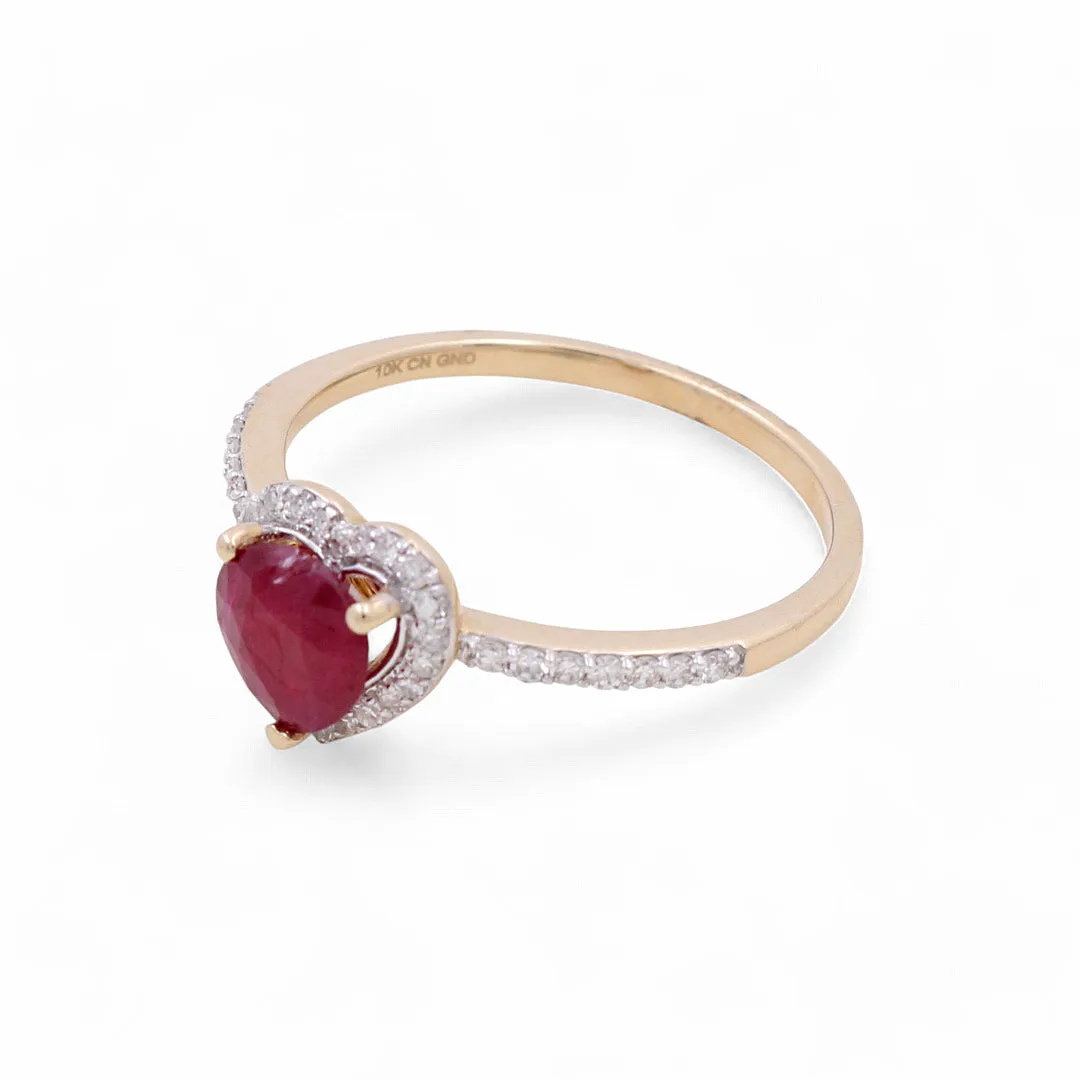 14K Yellow Gold  Woman Fashion Ring with Diamonds and Heart Ruby