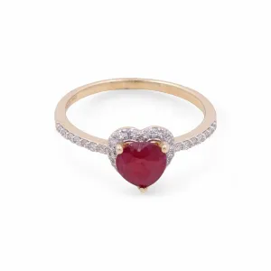 14K Yellow Gold  Woman Fashion Ring with Diamonds and Heart Ruby