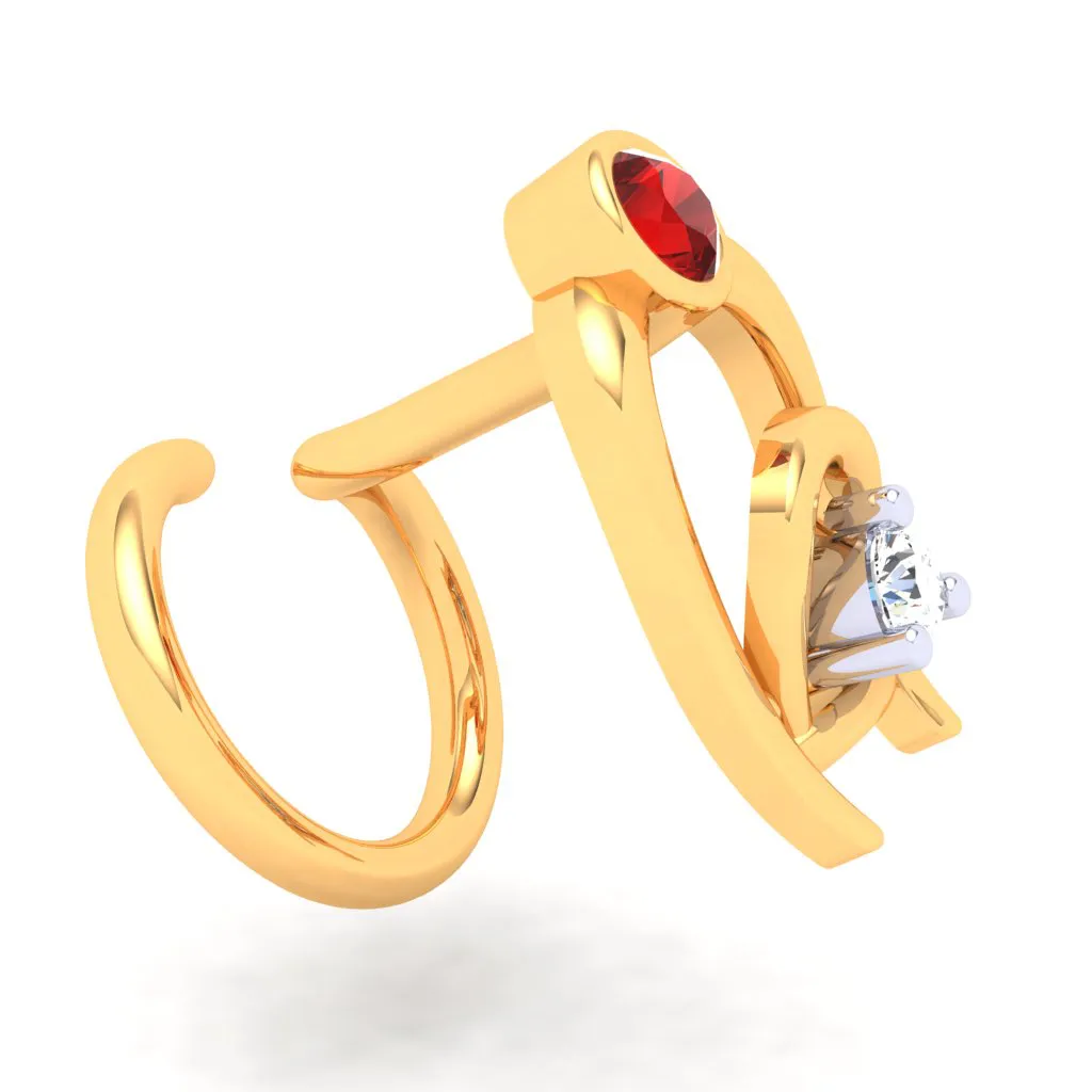 18KT Two Bamboo Kulo Shaped Nosepin With A Yellow And Red Stone From P.c Chandra Jewellers