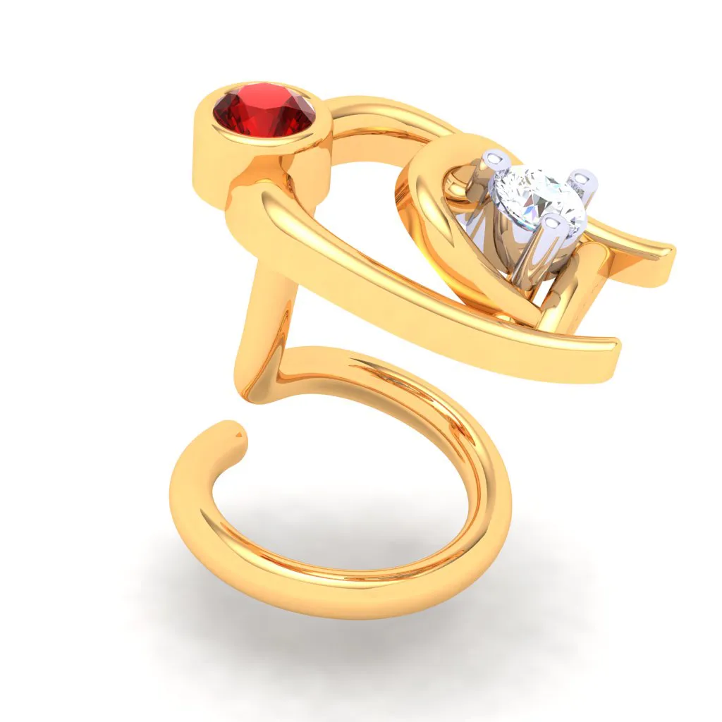 18KT Two Bamboo Kulo Shaped Nosepin With A Yellow And Red Stone From P.c Chandra Jewellers