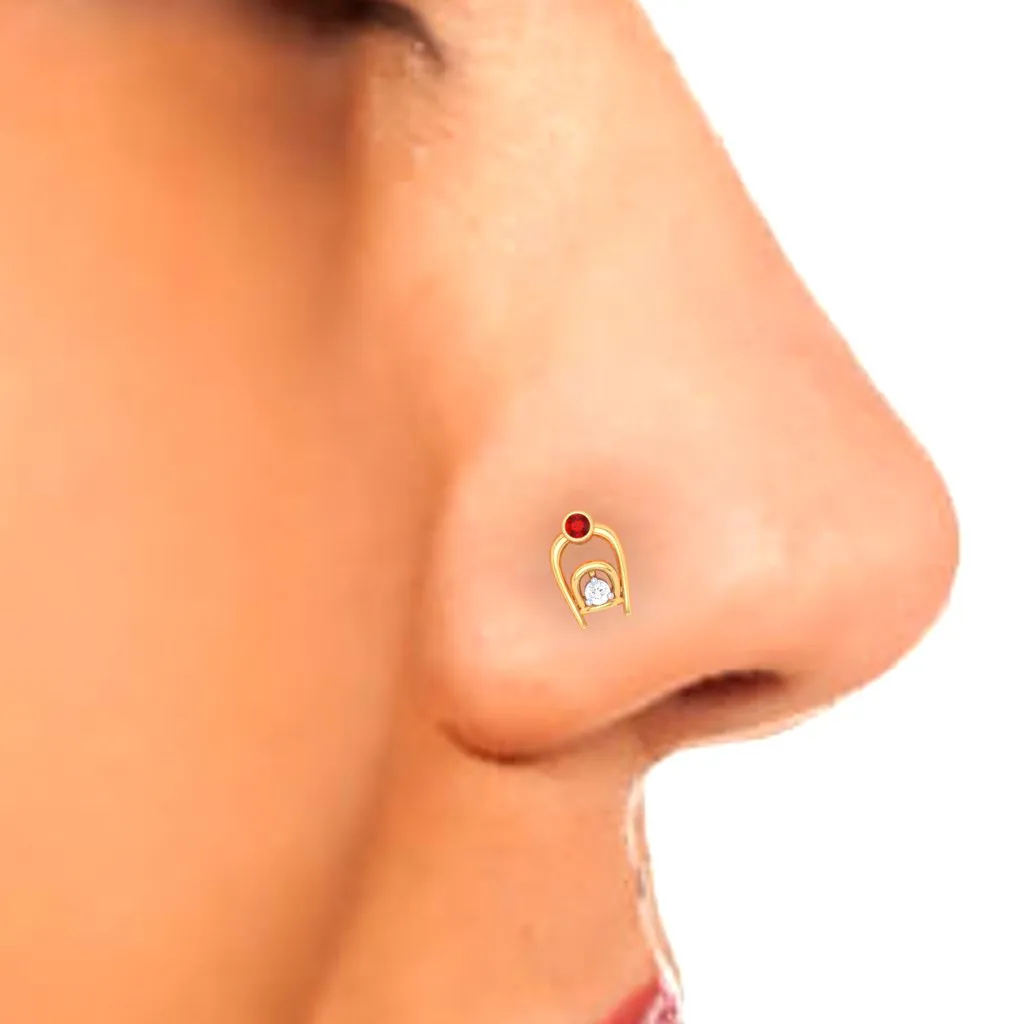 18KT Two Bamboo Kulo Shaped Nosepin With A Yellow And Red Stone From P.c Chandra Jewellers