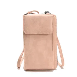 (18x11x5cm) Universal Cell Phone Leather Shoulder Bag Wallet Fashion Crossbody Bag in Vintage Look - Pink