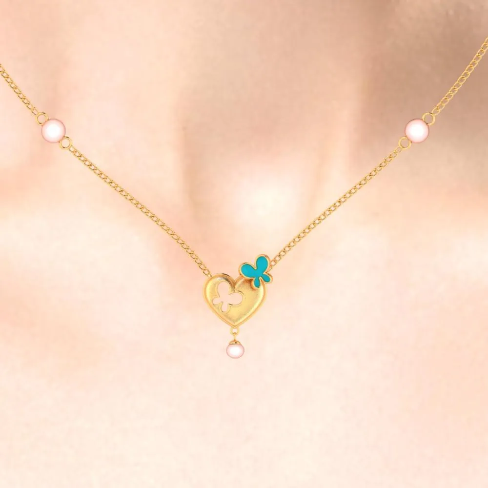 22k Heart-shaped Gold Necklace With Butterflies And A Pearl Drop