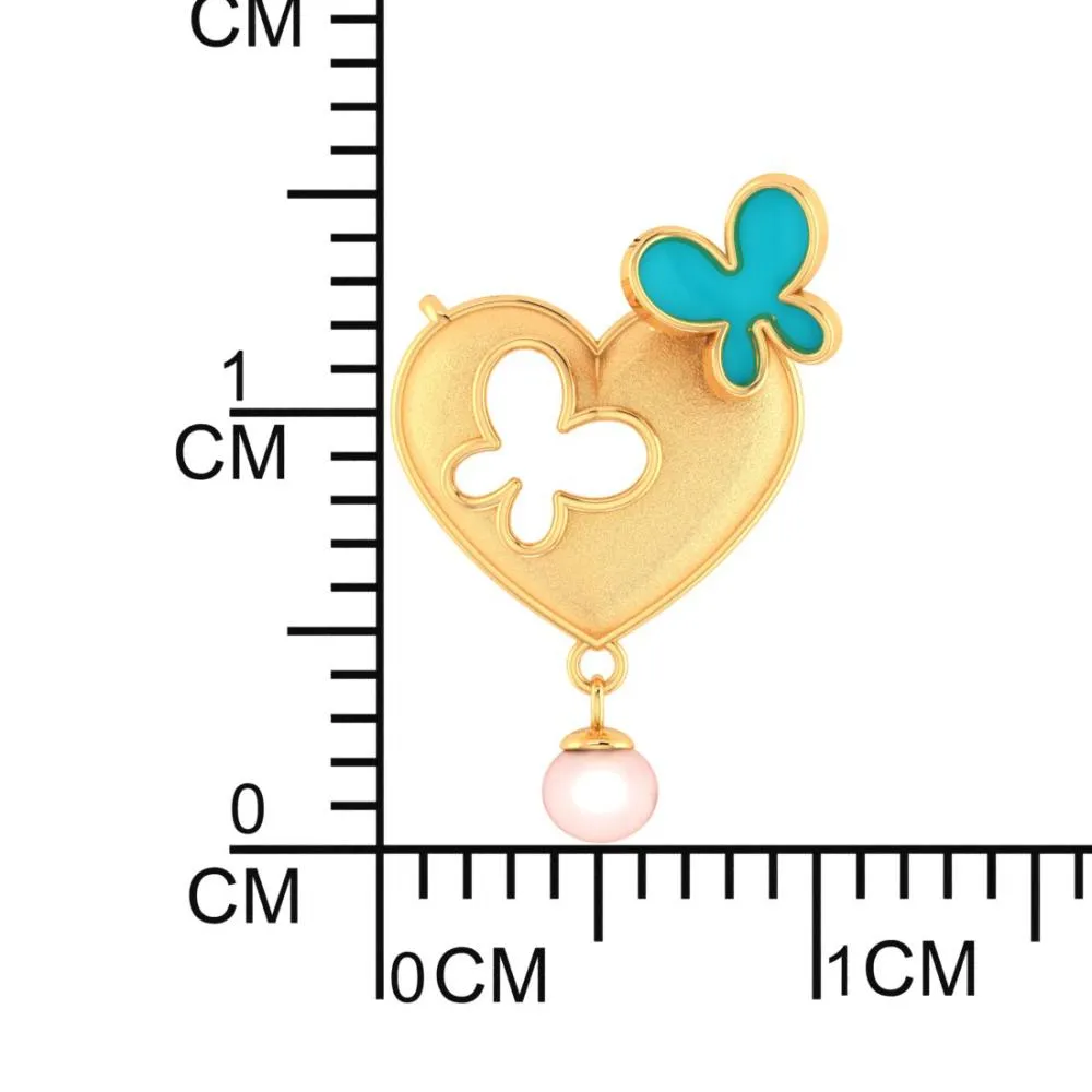 22k Heart-shaped Gold Necklace With Butterflies And A Pearl Drop