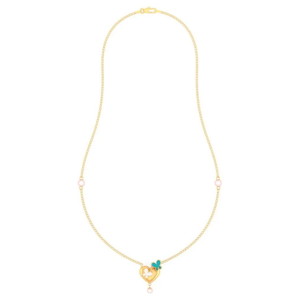 22k Heart-shaped Gold Necklace With Butterflies And A Pearl Drop
