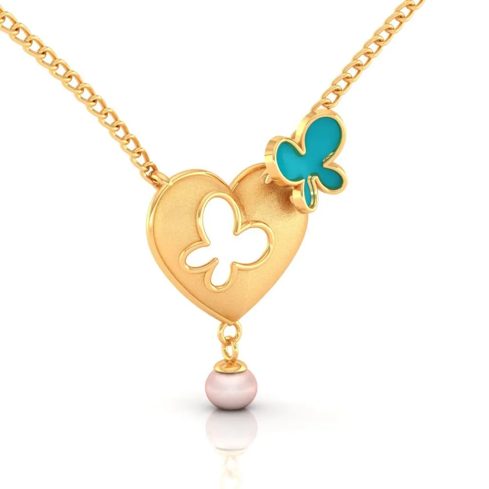 22k Heart-shaped Gold Necklace With Butterflies And A Pearl Drop
