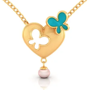 22k Heart-shaped Gold Necklace With Butterflies And A Pearl Drop