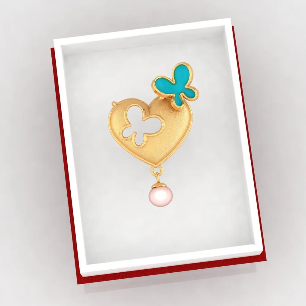 22k Heart-shaped Gold Necklace With Butterflies And A Pearl Drop