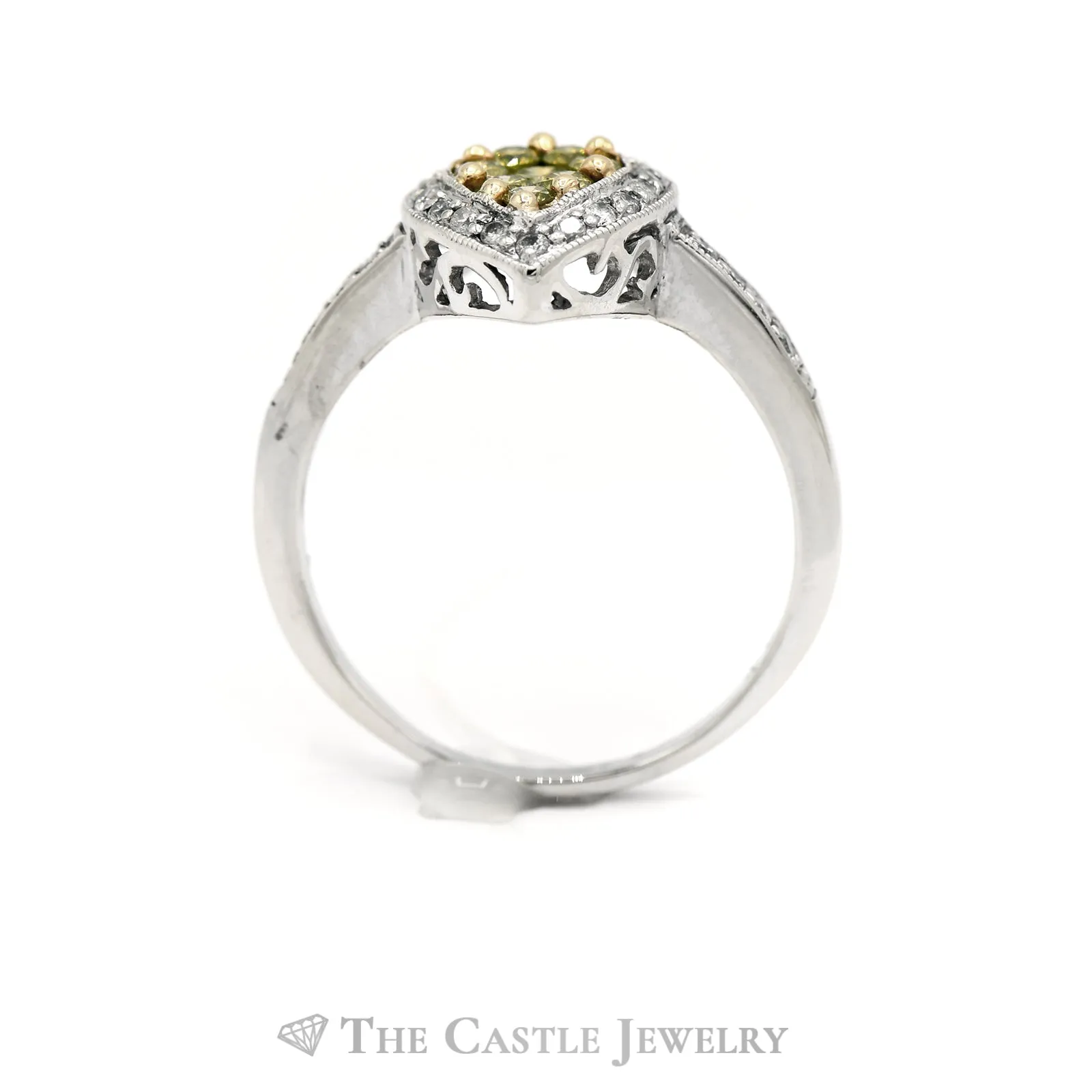 3/4cttw Pear Shaped Yellow & White Diamond Cluster Ring in 14k White Gold