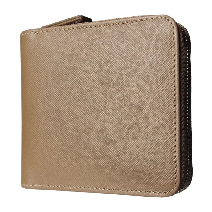 4 Credit-Cards Saffiano Leather Zipped Wallet Taupe