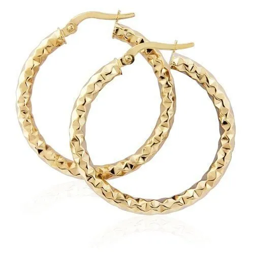 9ct Gold 25mm Hammered Hoop Earrings