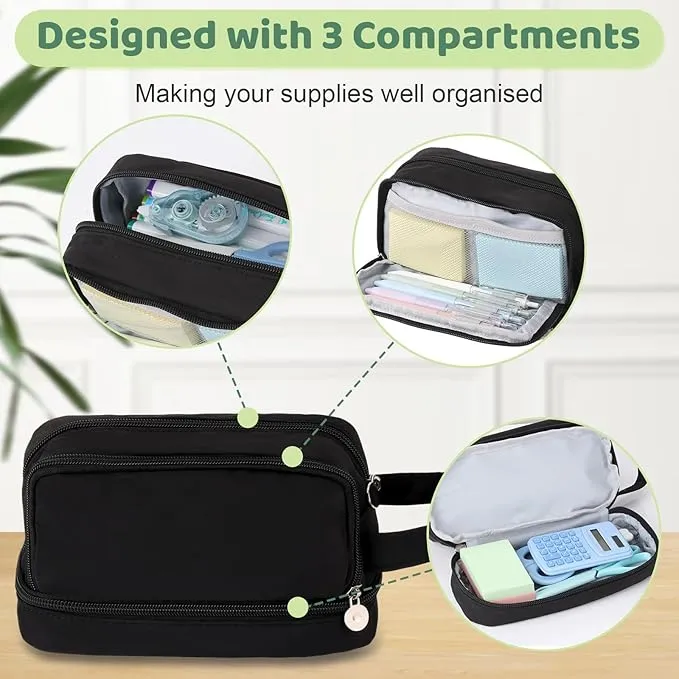 Alyvisun Large Capacity Pencil Case with 3 Compartments for Boys Girls, Desk Stationery Organizer Pencil Pouch with Handle, Portable Pencil Case for School Office Supplies