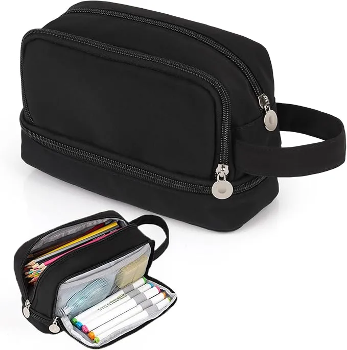 Alyvisun Large Capacity Pencil Case with 3 Compartments for Boys Girls, Desk Stationery Organizer Pencil Pouch with Handle, Portable Pencil Case for School Office Supplies