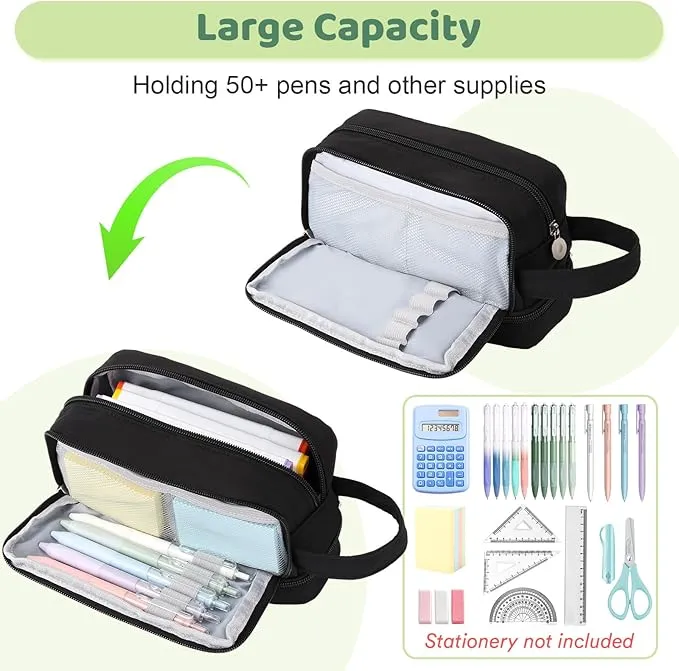 Alyvisun Large Capacity Pencil Case with 3 Compartments for Boys Girls, Desk Stationery Organizer Pencil Pouch with Handle, Portable Pencil Case for School Office Supplies
