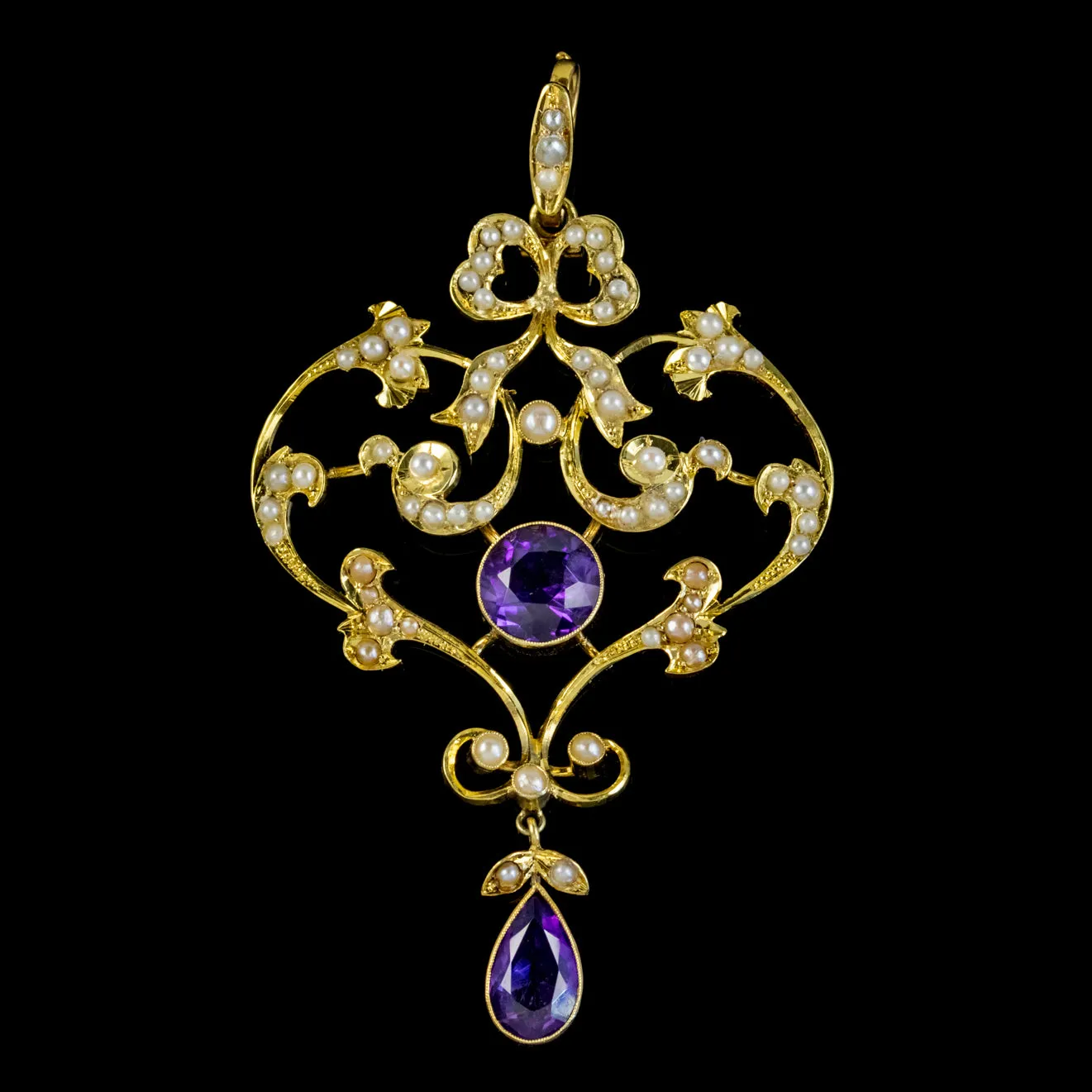 Antique Edwardian Amethyst Pearl Pendant 15Ct Gold Circa 1905