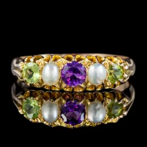 Antique Edwardian Suffragette Ring Amethyst Peridot Pearl 18Ct Gold Circa 1910