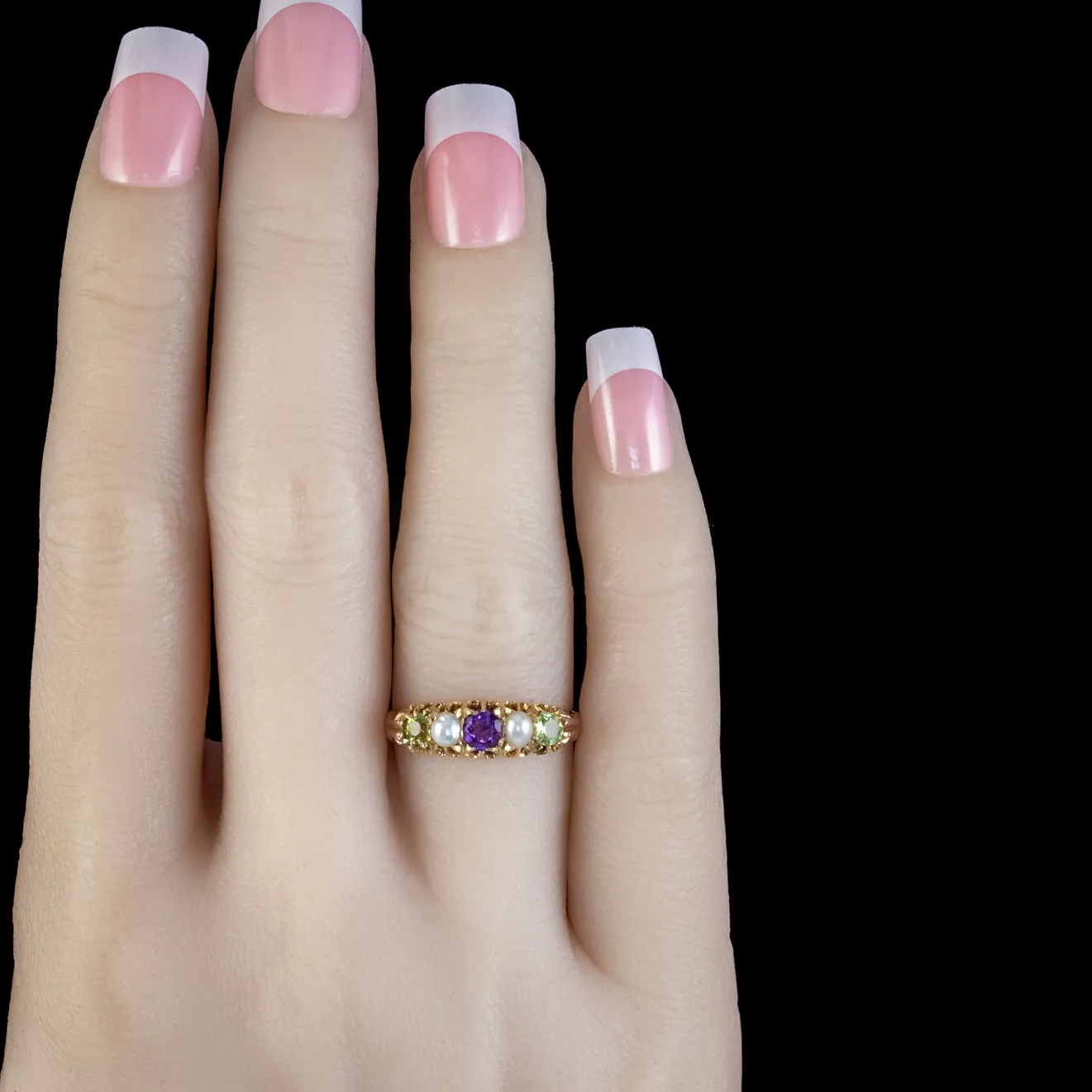 Antique Edwardian Suffragette Ring Amethyst Peridot Pearl 18Ct Gold Circa 1910
