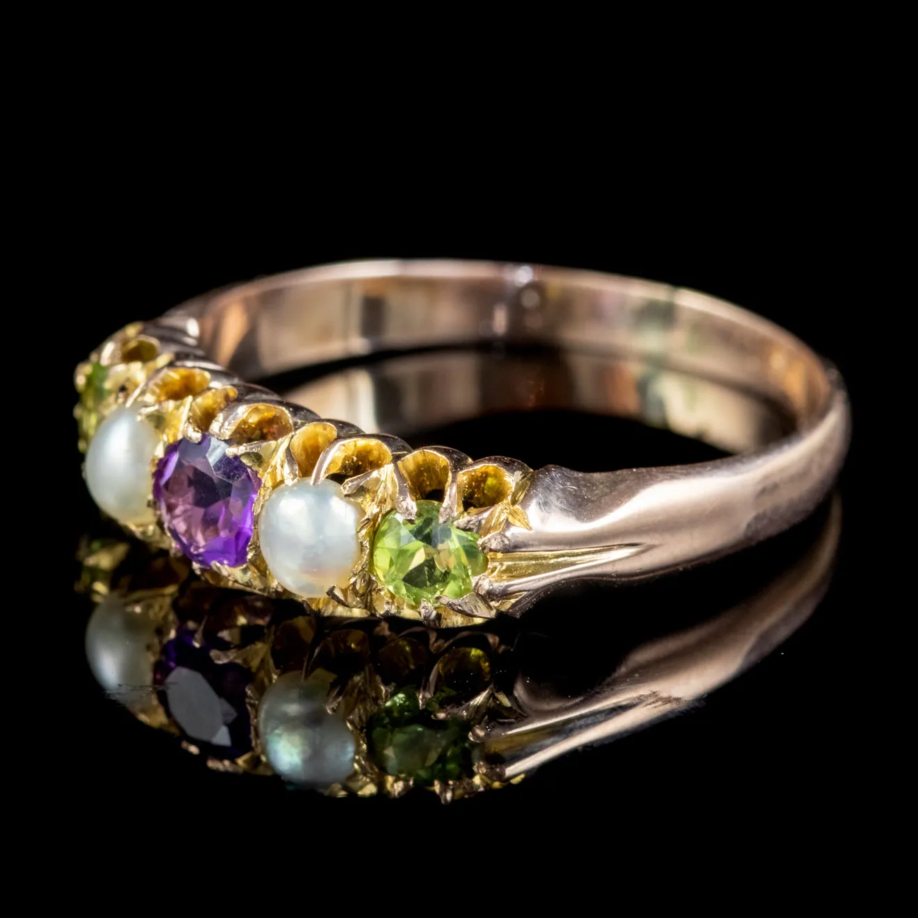 Antique Edwardian Suffragette Ring Amethyst Peridot Pearl 18Ct Gold Circa 1910