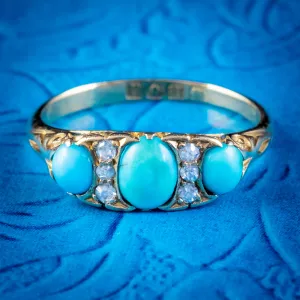 Antique Edwardian Turquoise Diamond Ring 18ct Gold Dated 1915