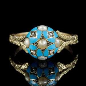 Antique Georgian Blue Forget Me Not Pearl Diamond Ring Dated 1801