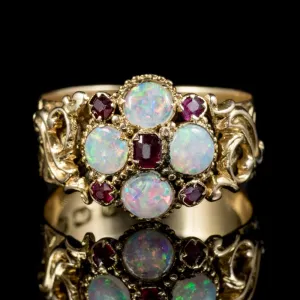 Antique Victorian 18Ct Gold Ruby Opal Ring Dated Birmingham 1888