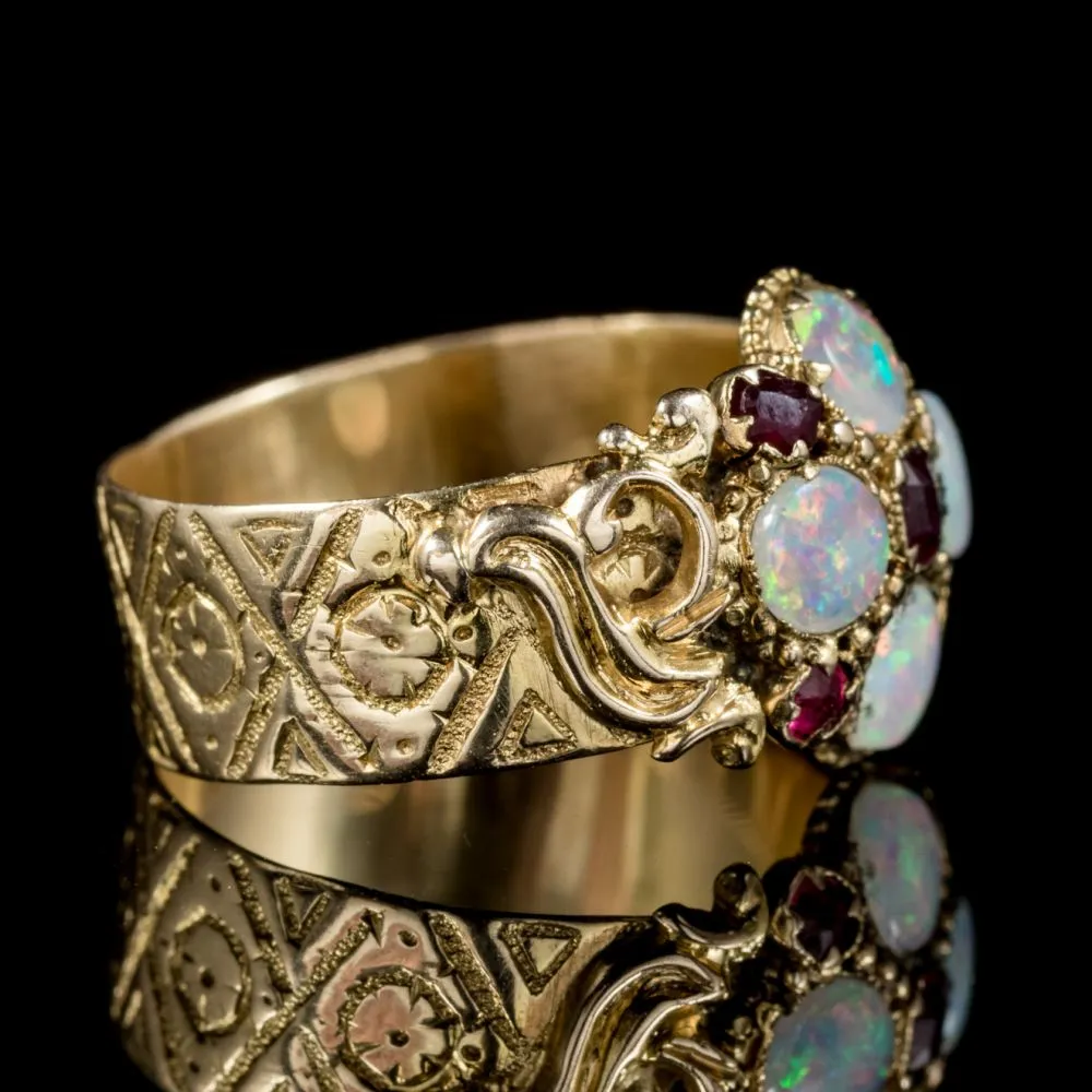 Antique Victorian 18Ct Gold Ruby Opal Ring Dated Birmingham 1888