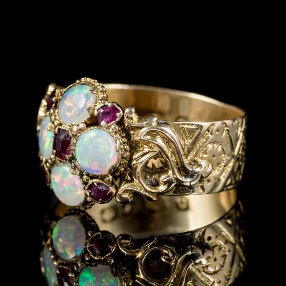 Antique Victorian 18Ct Gold Ruby Opal Ring Dated Birmingham 1888