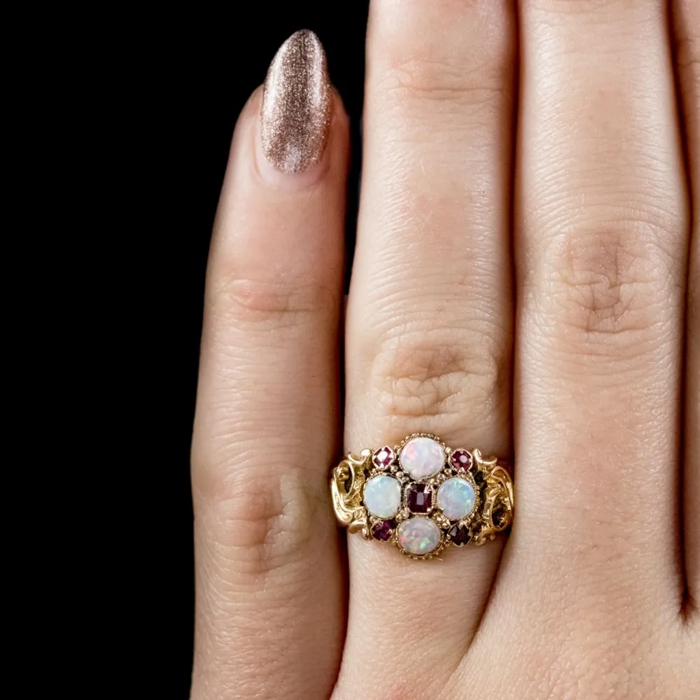 Antique Victorian 18Ct Gold Ruby Opal Ring Dated Birmingham 1888