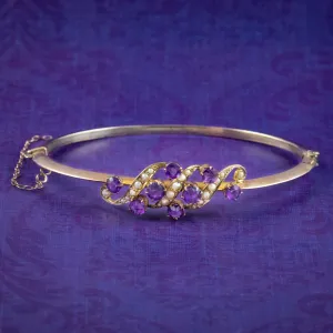 Antique Victorian Amethyst Pearl Bangle 9ct Gold