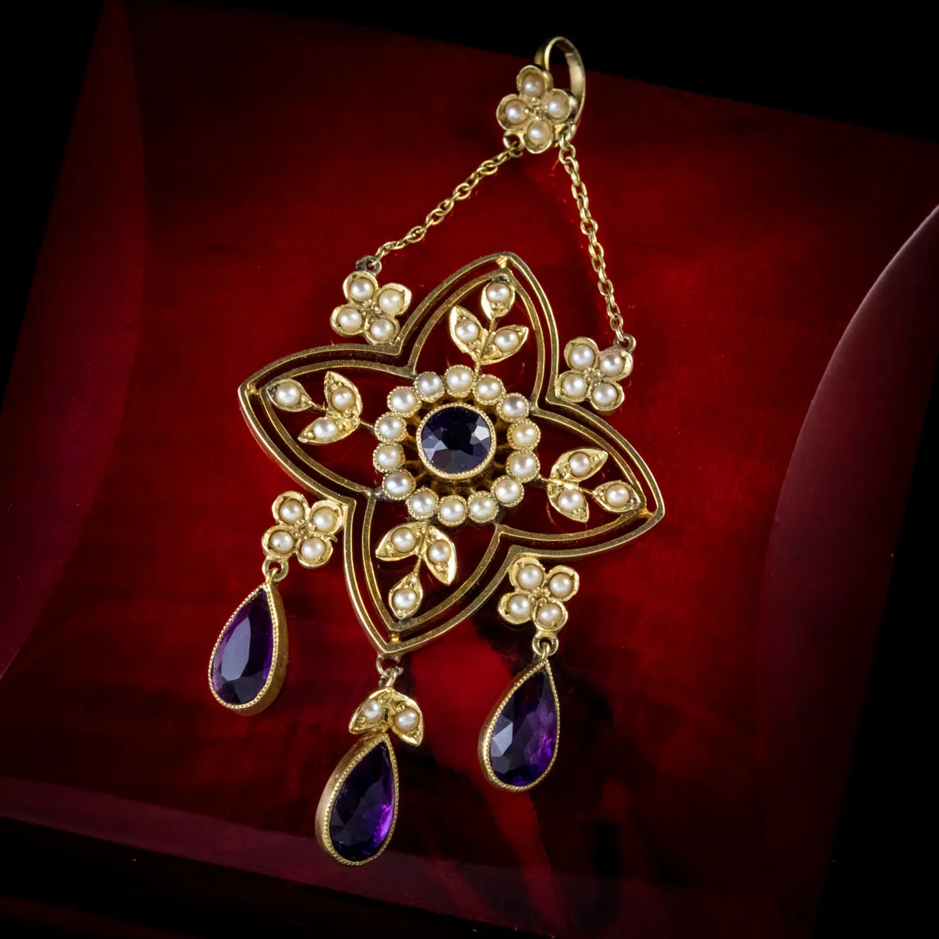 Antique Victorian Amethyst Pearl Pendant 15Ct Yellow Gold Circa 1900