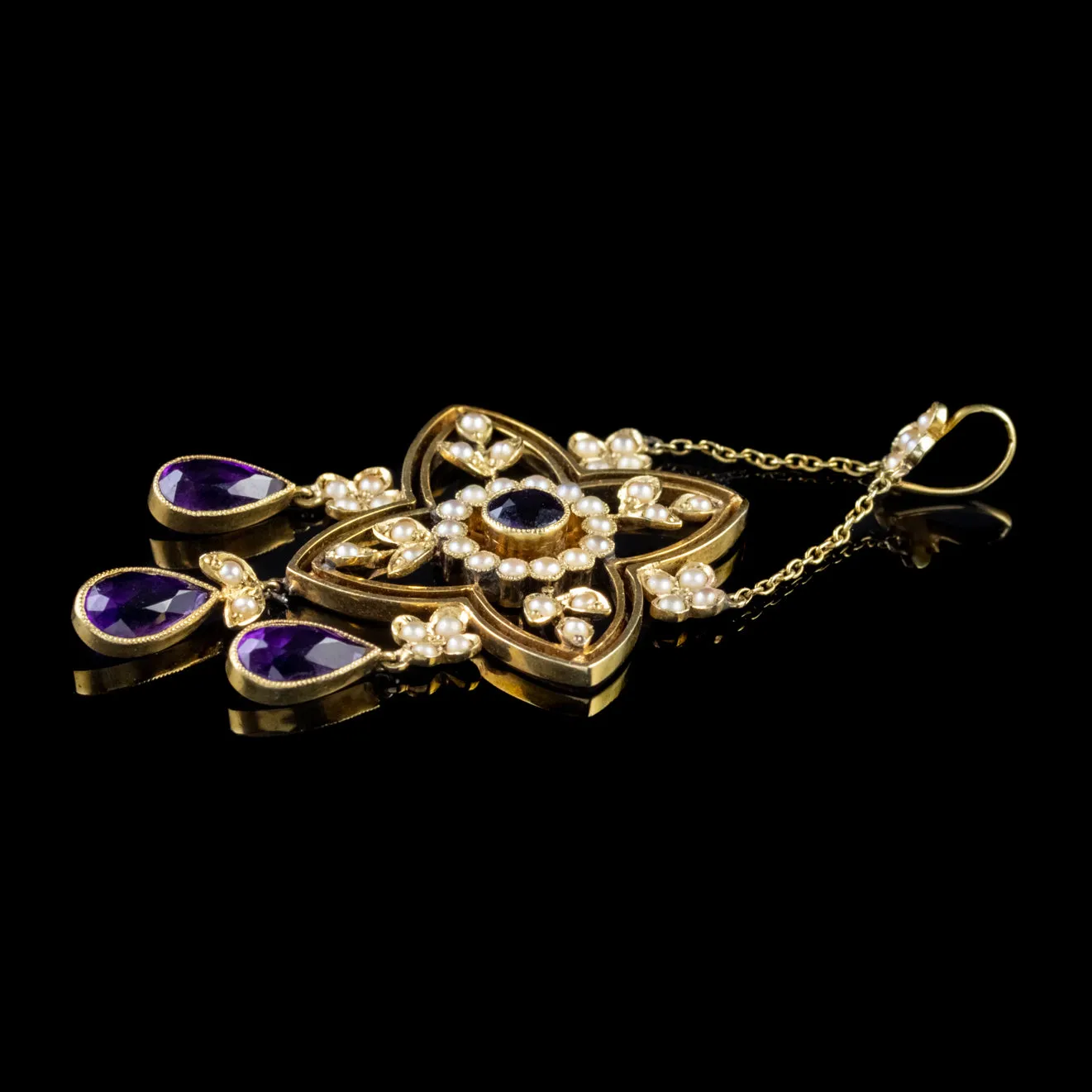 Antique Victorian Amethyst Pearl Pendant 15Ct Yellow Gold Circa 1900