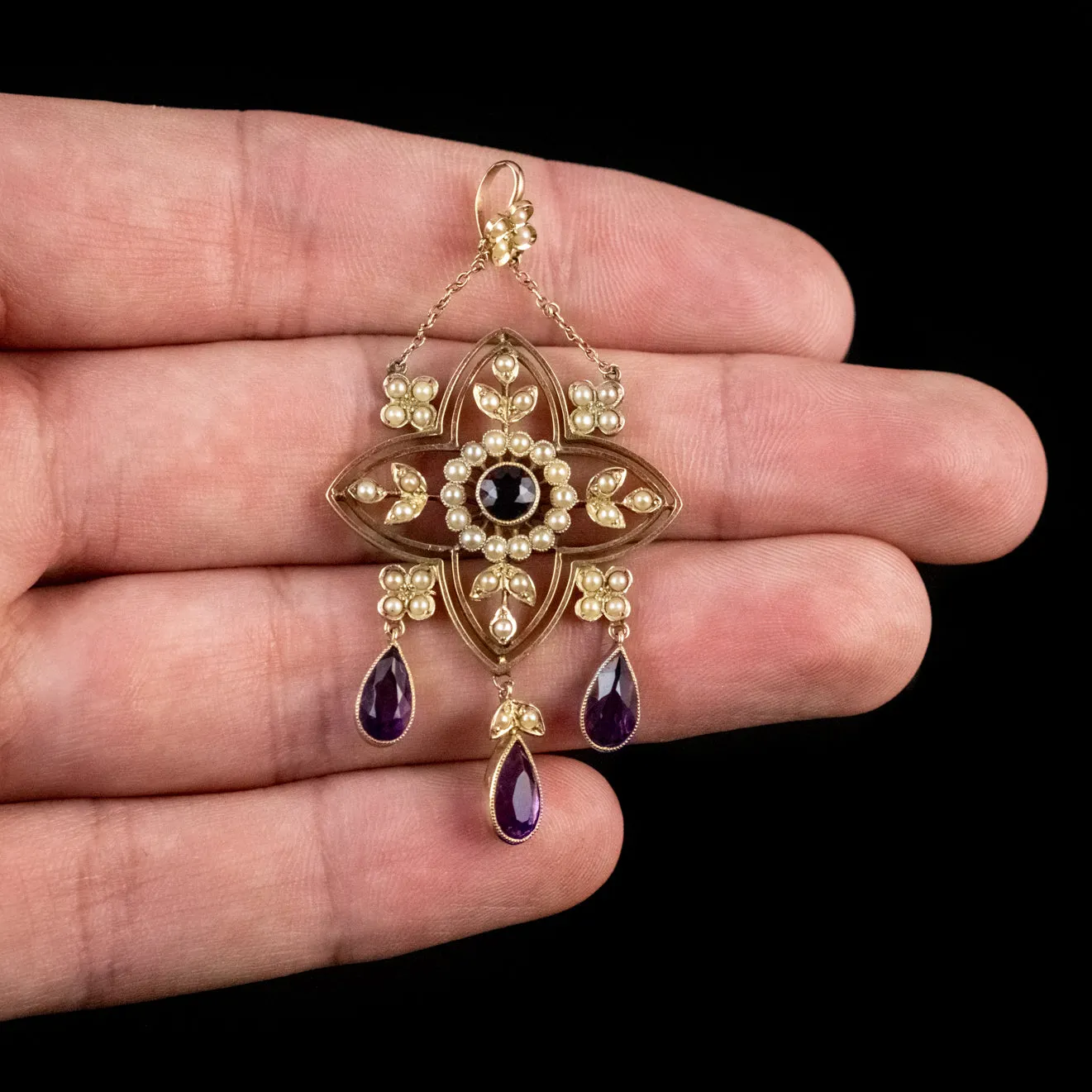 Antique Victorian Amethyst Pearl Pendant 15Ct Yellow Gold Circa 1900