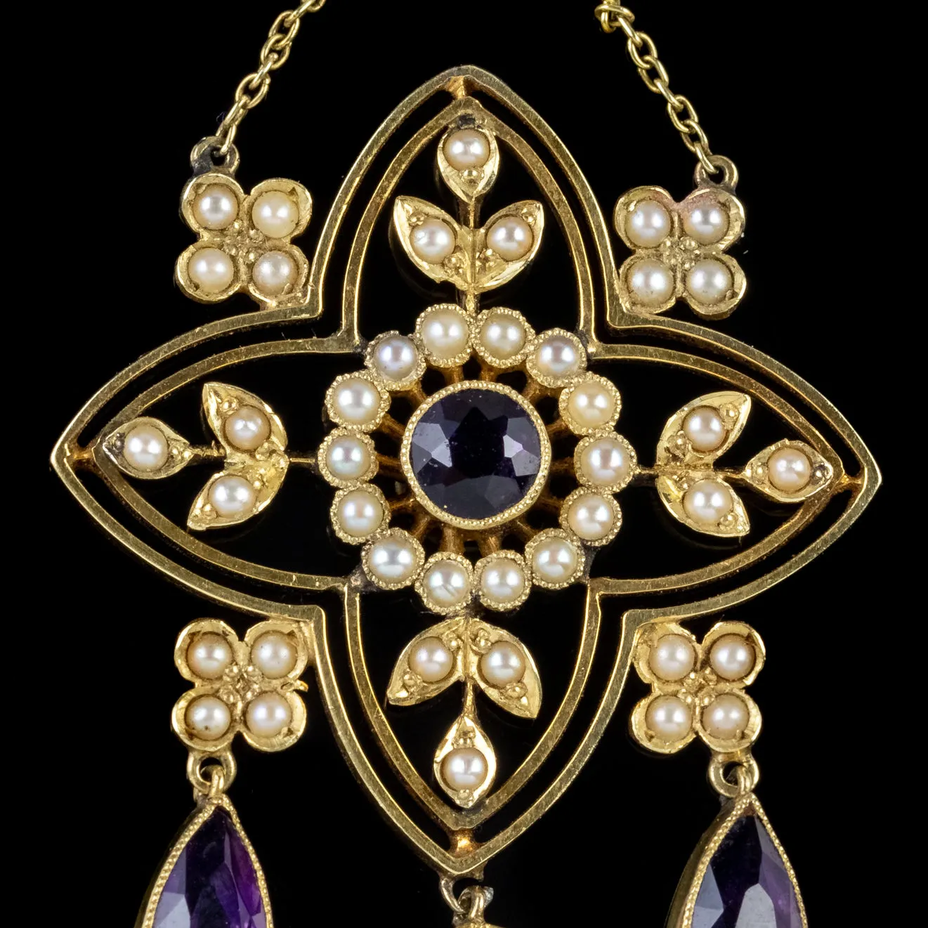 Antique Victorian Amethyst Pearl Pendant 15Ct Yellow Gold Circa 1900
