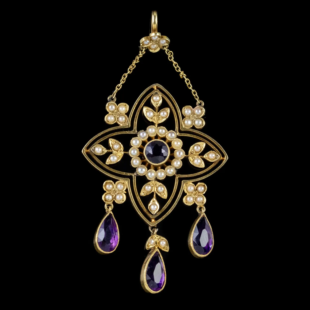 Antique Victorian Amethyst Pearl Pendant 15Ct Yellow Gold Circa 1900