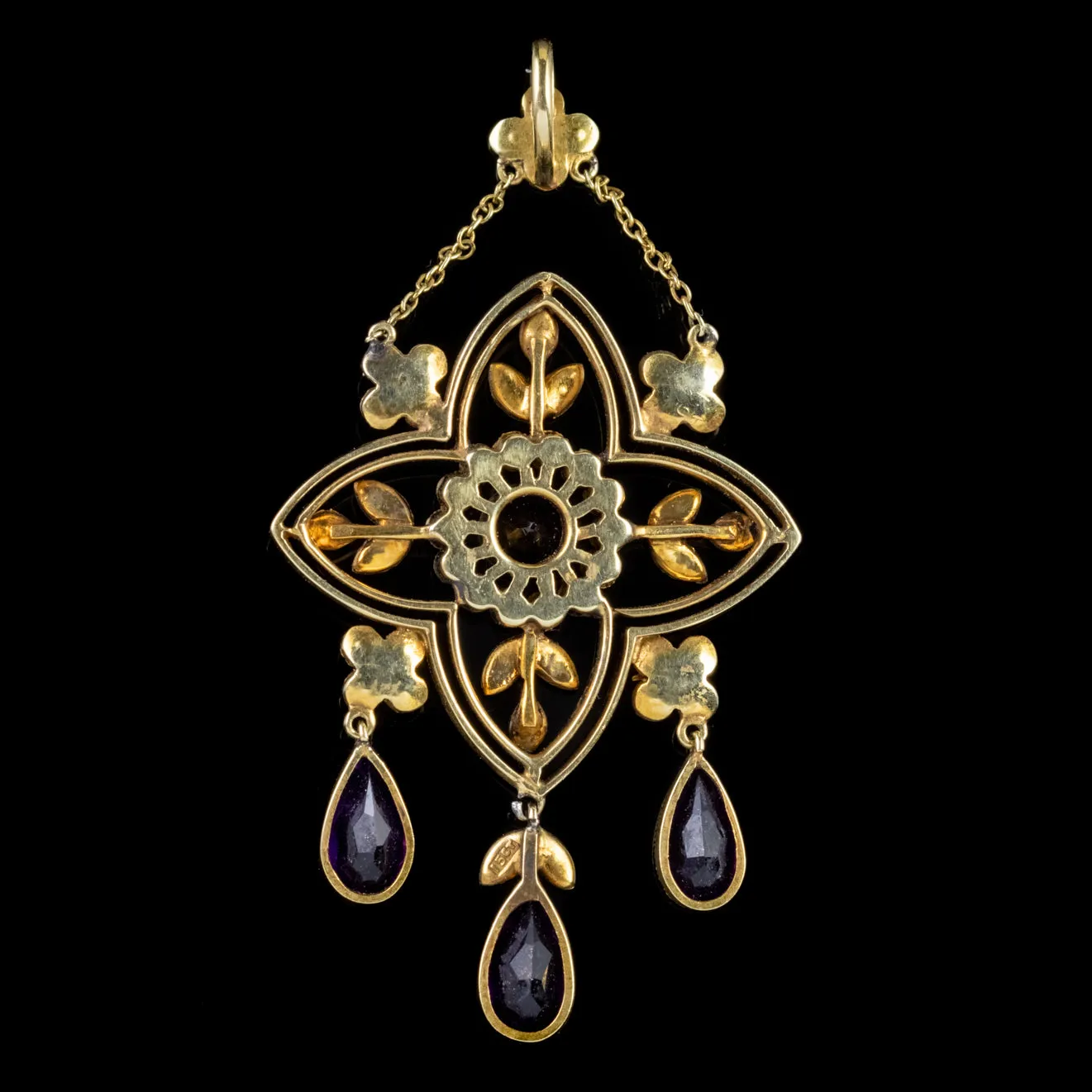 Antique Victorian Amethyst Pearl Pendant 15Ct Yellow Gold Circa 1900
