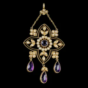 Antique Victorian Amethyst Pearl Pendant 15Ct Yellow Gold Circa 1900