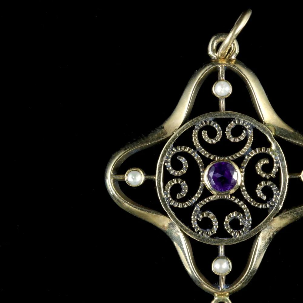 Antique Victorian Amethyst Pearl Pendant 9Ct Gold Circa 1900