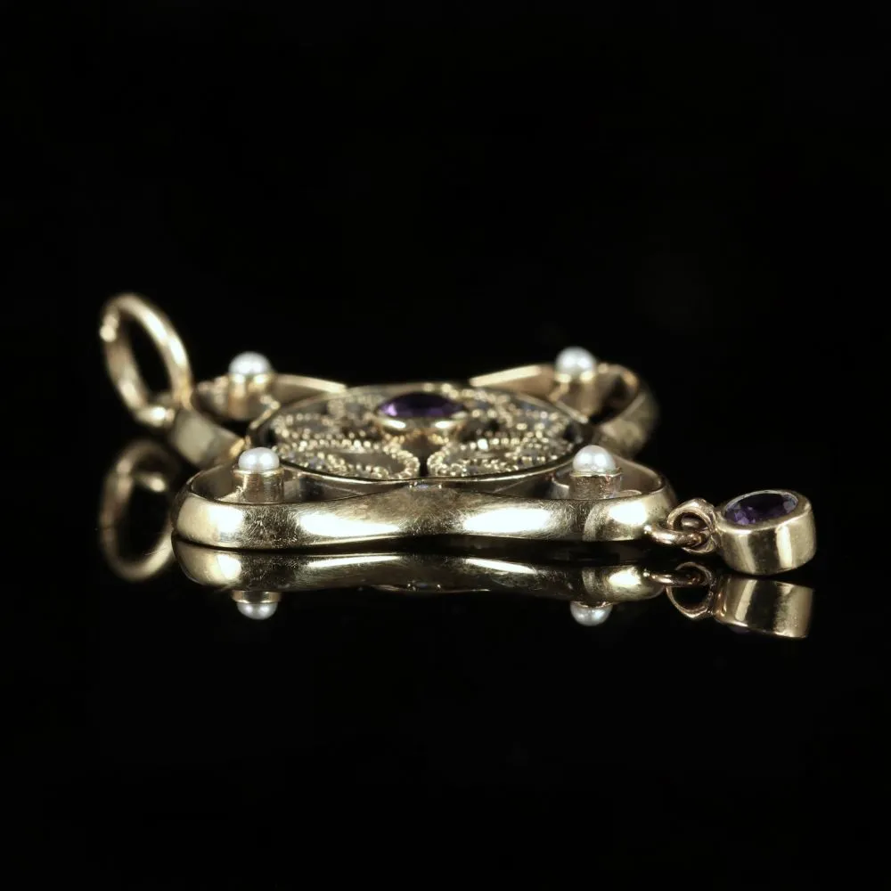 Antique Victorian Amethyst Pearl Pendant 9Ct Gold Circa 1900
