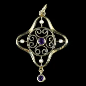 Antique Victorian Amethyst Pearl Pendant 9Ct Gold Circa 1900
