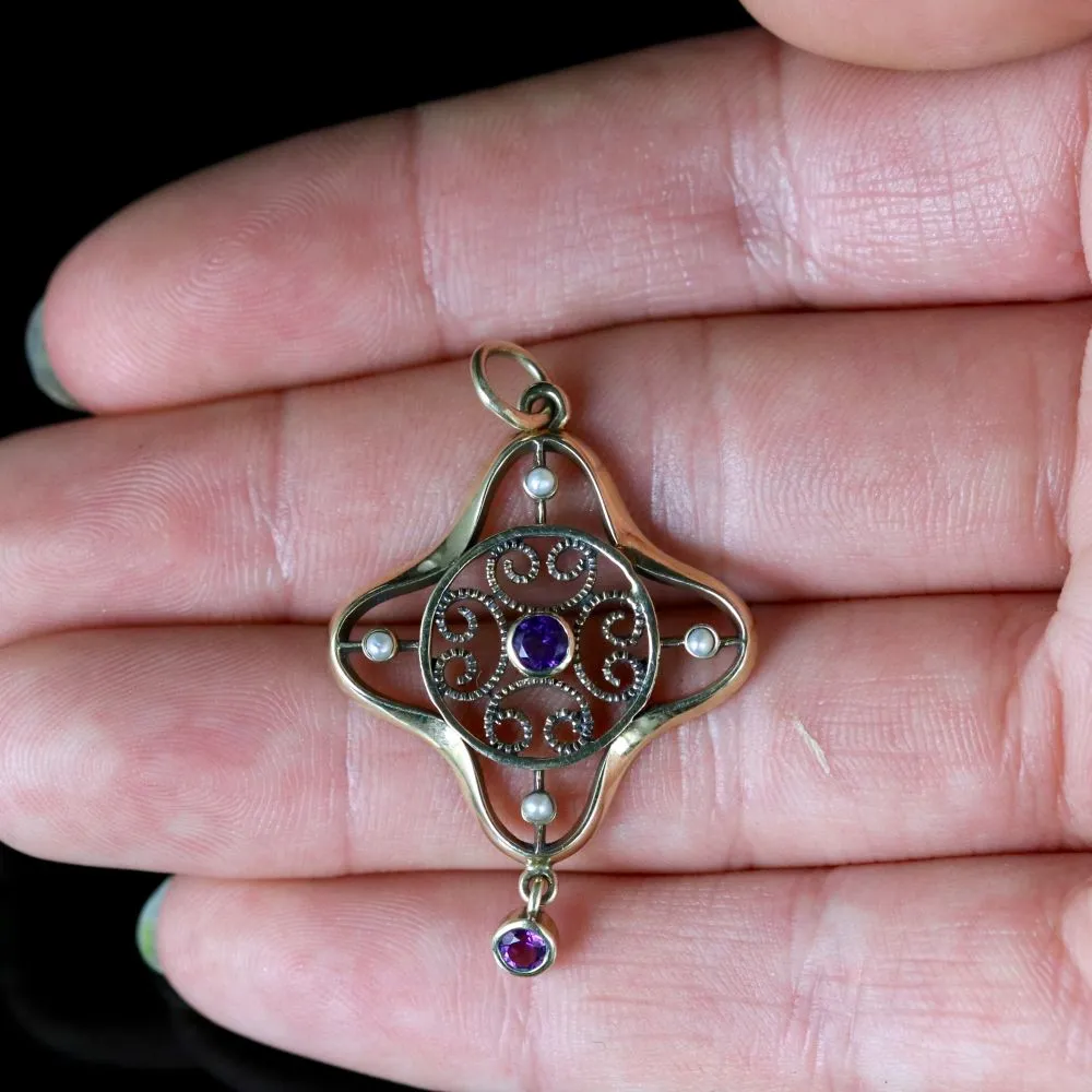 Antique Victorian Amethyst Pearl Pendant 9Ct Gold Circa 1900