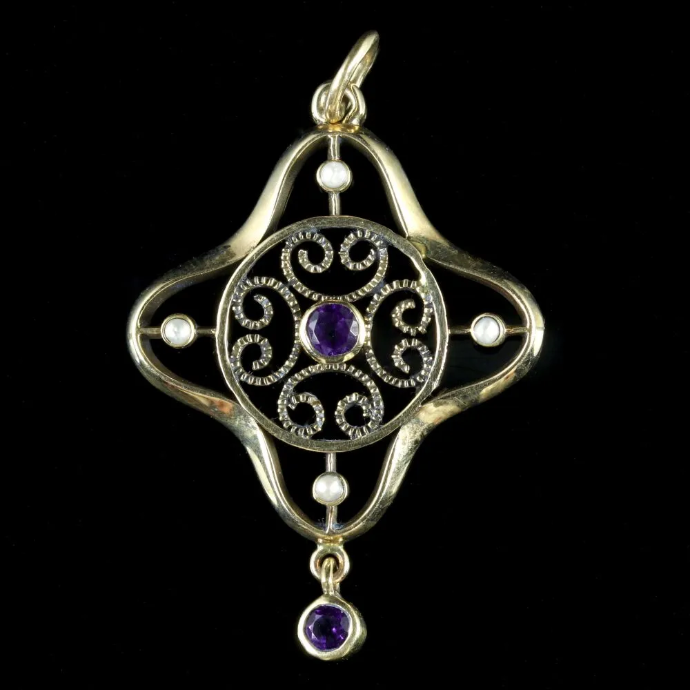 Antique Victorian Amethyst Pearl Pendant 9Ct Gold Circa 1900