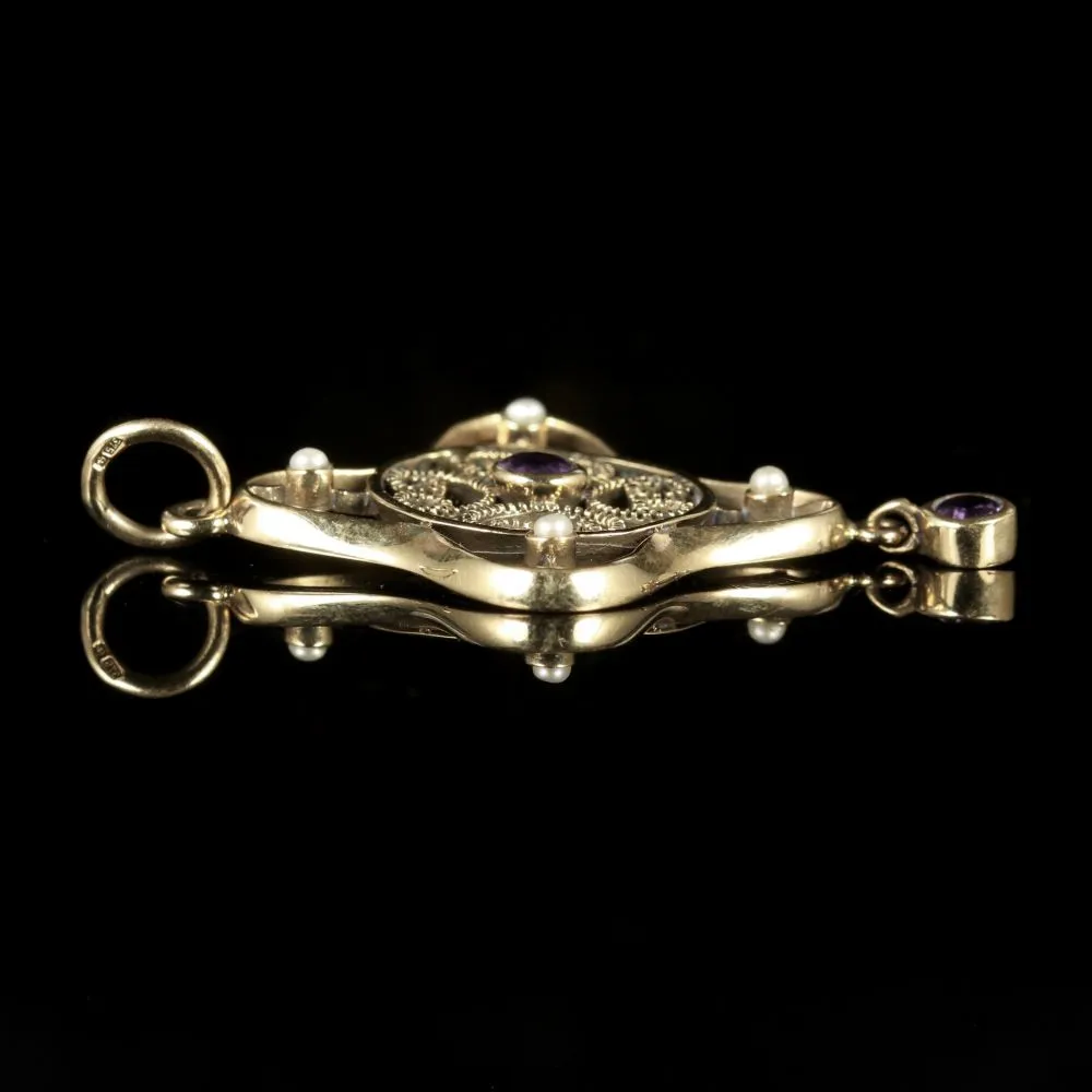 Antique Victorian Amethyst Pearl Pendant 9Ct Gold Circa 1900