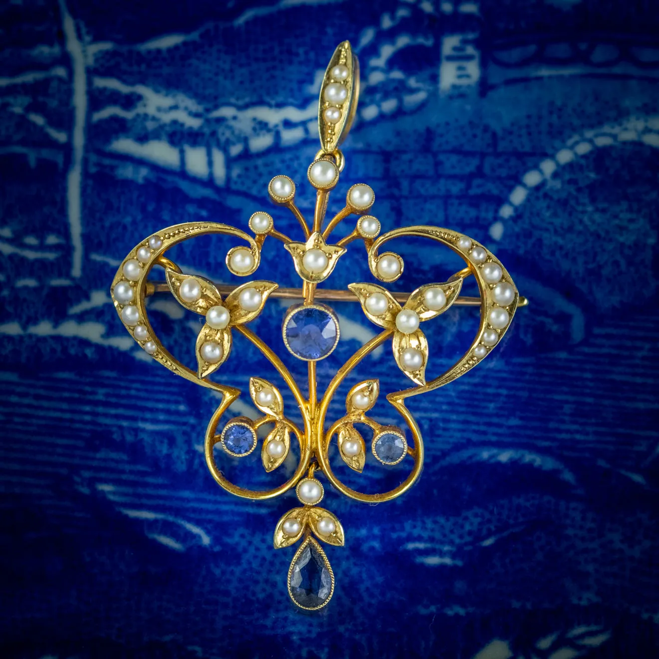 Antique Victorian Art Nouveau Sapphire Pearl Pendant Brooch 15Ct Gold Circa 1900